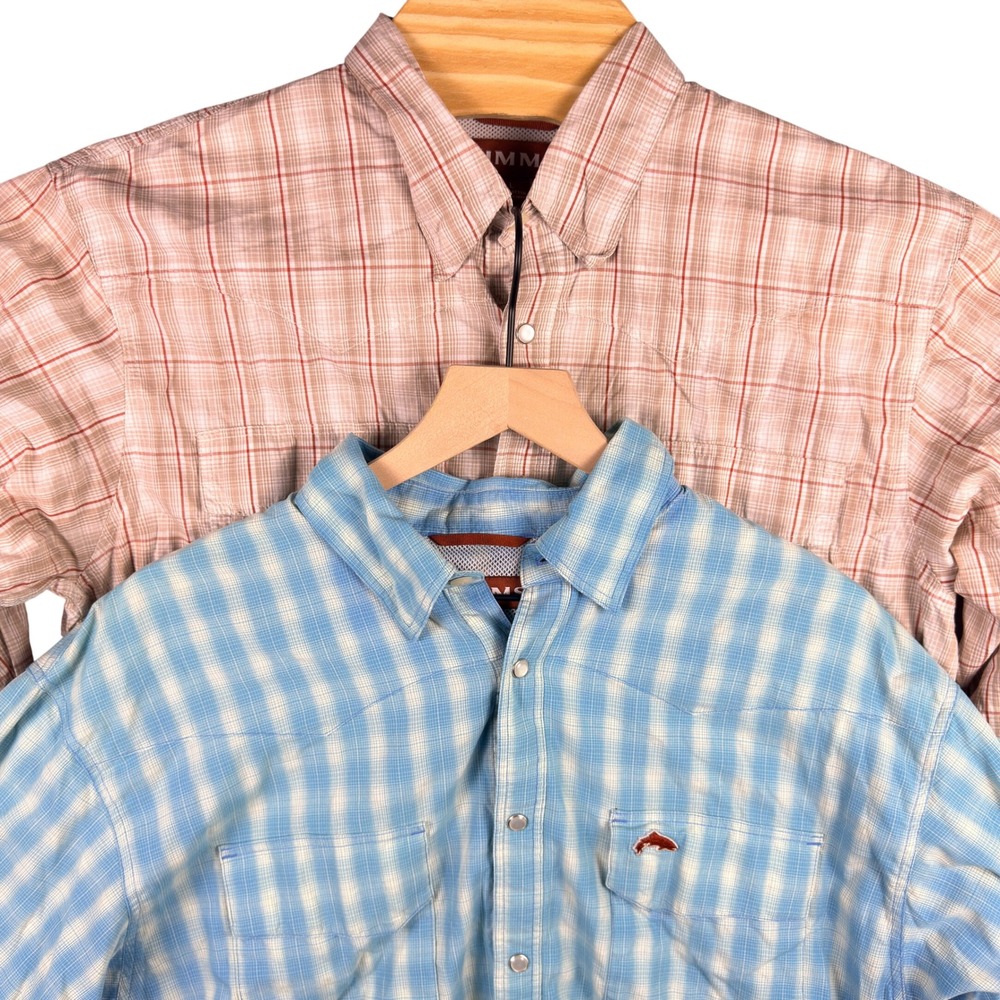 Lot of 2 Simms Fishing Shirt Men L Blue Tan Plaid Western Pearl Snap Vented Back